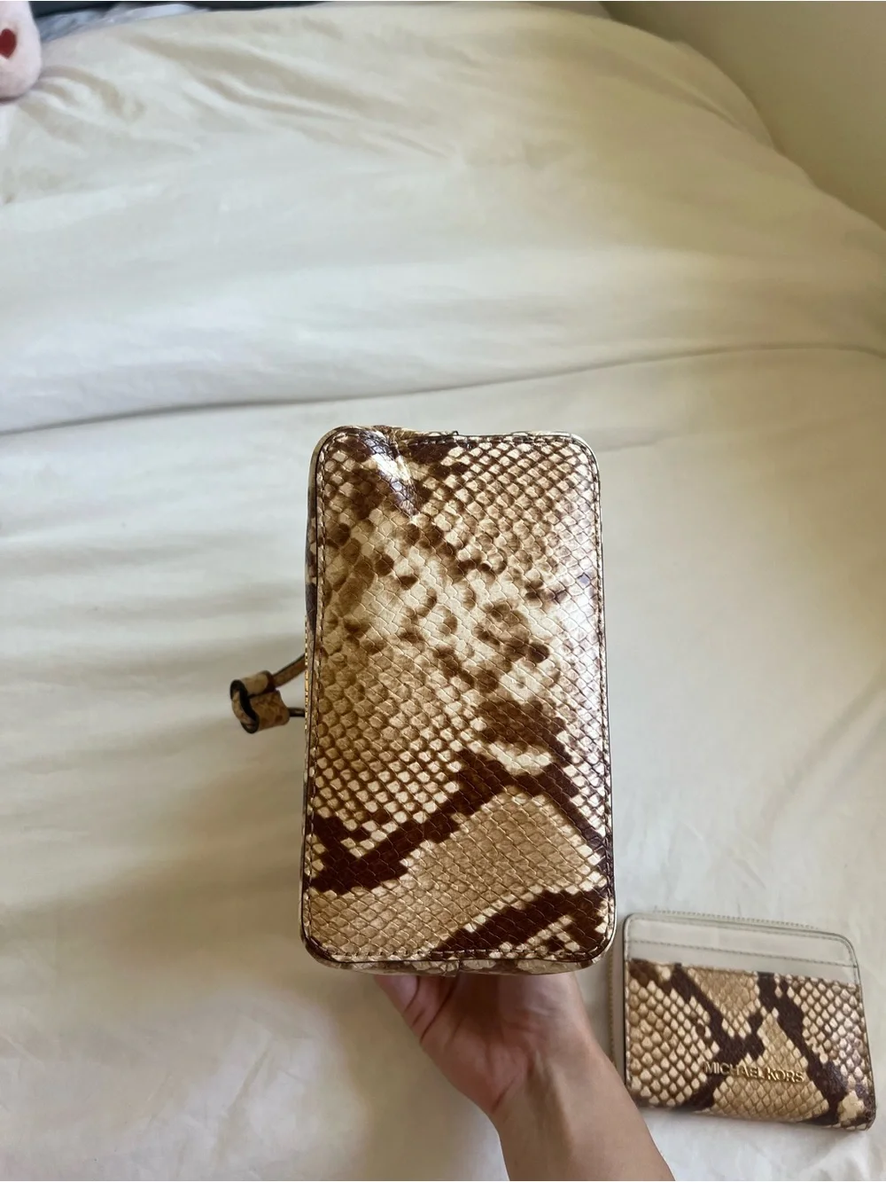 Michael Kors Beige Snake-Print Leather Bucket Bag with Wallet set